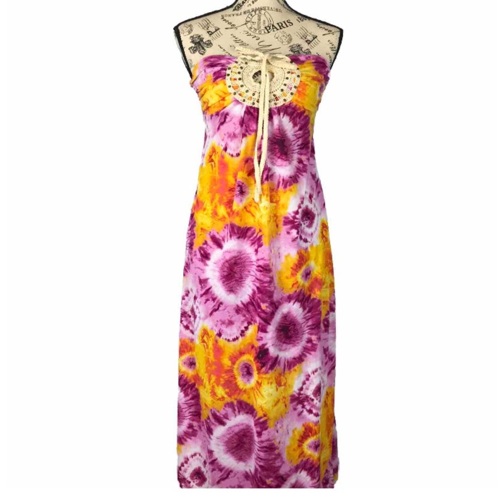 L8teRWomen’s Tropical Summer Style Tie-Dye Maxi Tube Top Long Sundress Size S